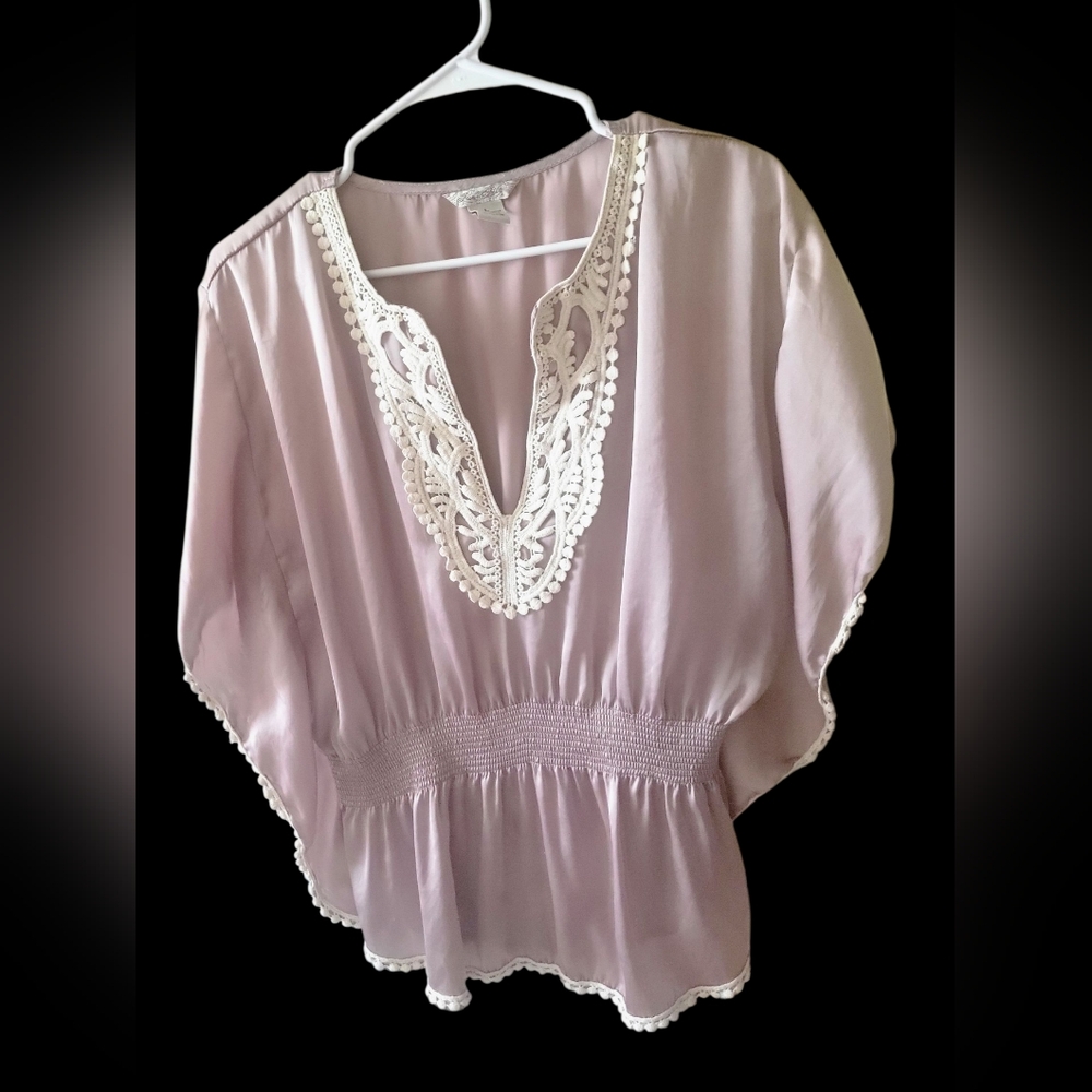 Women's Satin Like Crochet Retro Fringe Top Dressy Poncho Blouse, Sz L